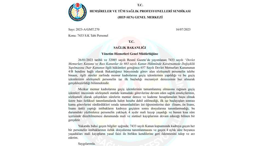 7433 SK KAPSAMINDA KADROYA GEÇEN PERSONELİN MALİ KAYIPLARI HAKKINDA