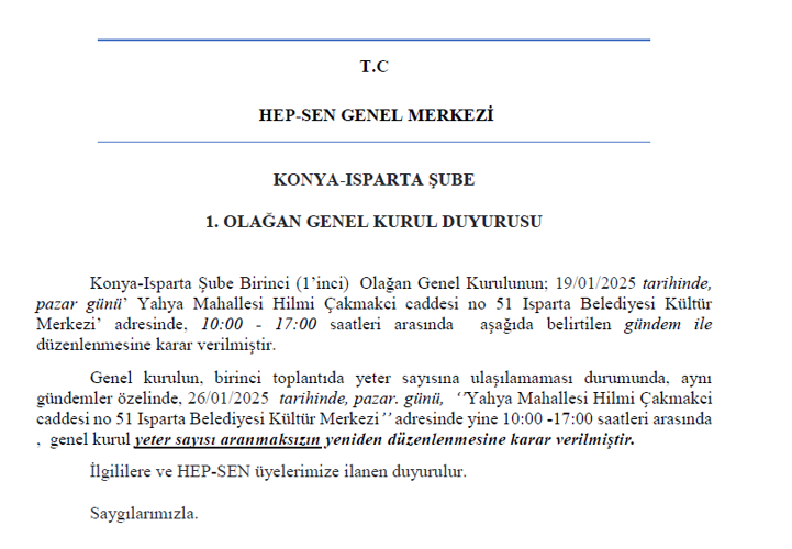 KONYA-ISPARTA ŞUBE 1. OLAĞAN GENEL KURUL DUYURUSU